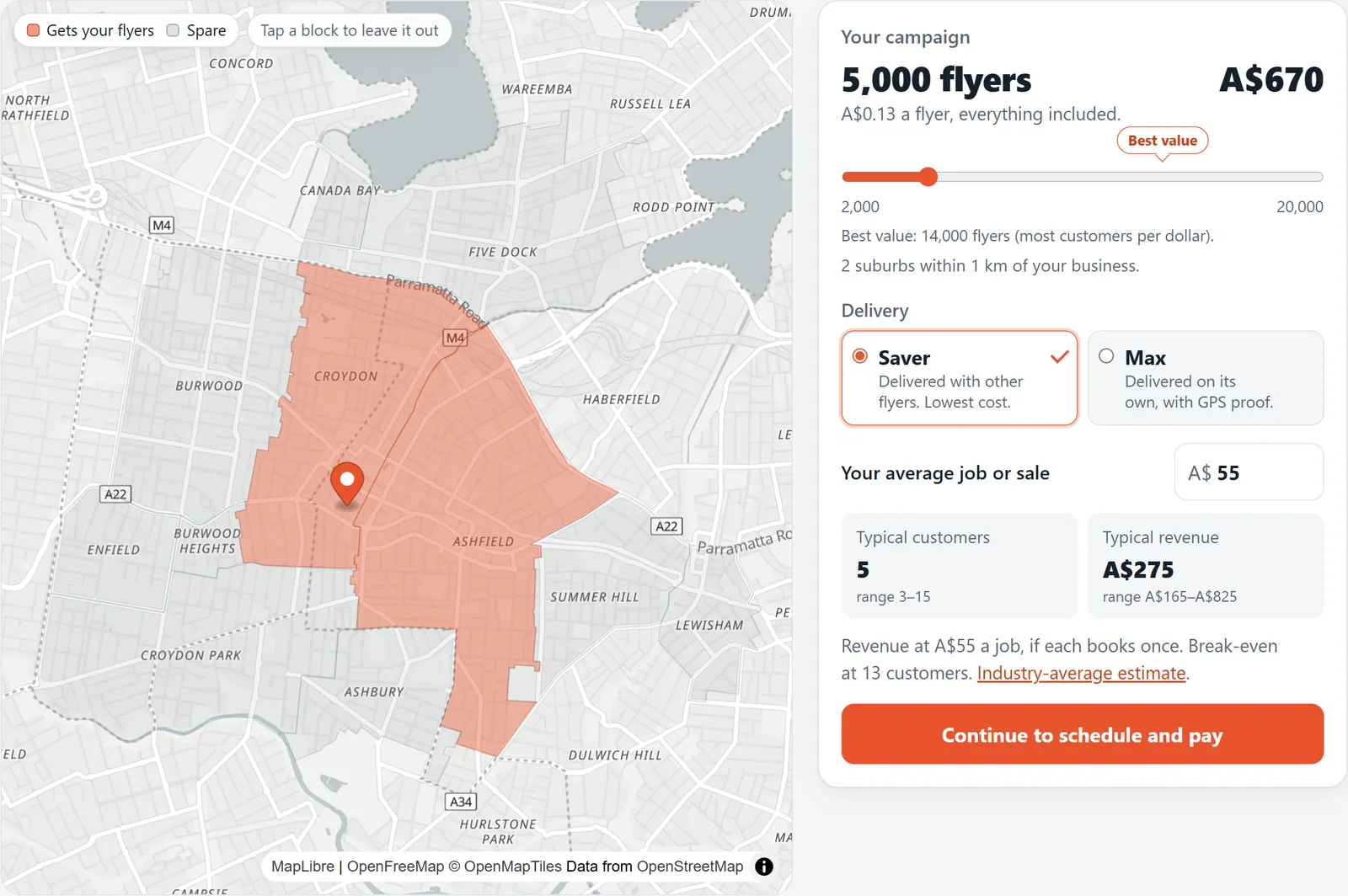 The area screen: a map with the streets that get the flyers shaded, beside the flyer count, the price and an industry-average estimate of new customers
